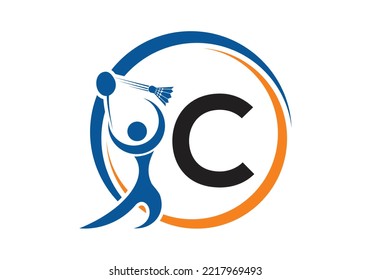 Letter C Badminton Logo Concept With Moving Badminton Icon. Badminton Sports Logotype Symbol Vector Template.