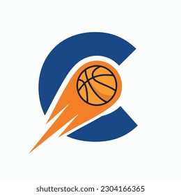 Letter C Basketball Logo Concept With Moving Basketball Icon. Basket Ball Logotype Symbol