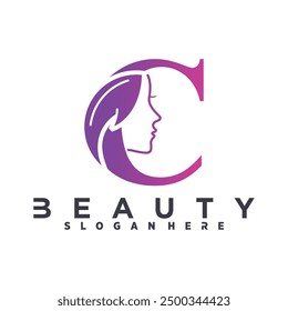 Letter C beauty logo design. Woman face silhouette isolated on letter C.