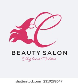 Carta C Diseño de logotipo de salón de belleza, mujer hermosa Icono de cuidado del pelo