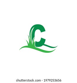 Letter C behind a green grass icon logo design vector template