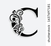 letter C. Black flower alphabet.  Beautiful capital letters with shadow