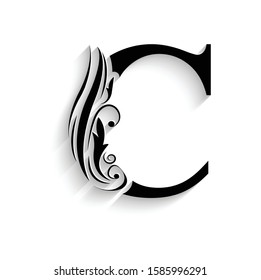 letter C. Black flower alphabet.  Beautiful capital letters with shadow