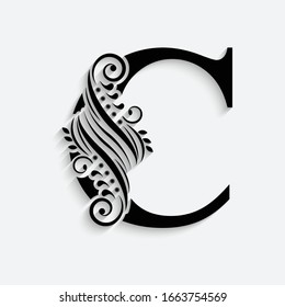 letra C. Alfabeto floral negro.  Hermosa carta capital con sombra