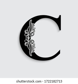 letter C. Black flower alphabet.  Beautiful capital letters with shadow