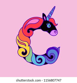 Letter "C" black unicorn. Written by unicorns. Letter in the style of the unicorn. Fairytale font. Black unicorn with a multicolored mane. Trend print on a T-shirt. Logo "C". 