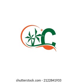 Letter C blends with coconut trees by the beach at night template