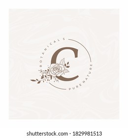 Letter C Botanical Flowers . Initial Wedding Monogram Font Logo. Circle Floral Rose Logo