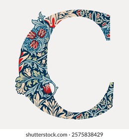 Letter C botanical pattern font, inspired by William Morris illustration isolated on white, vector. Vintage illustration. Vintage font artwork element by William Morris, old art illustration vector.