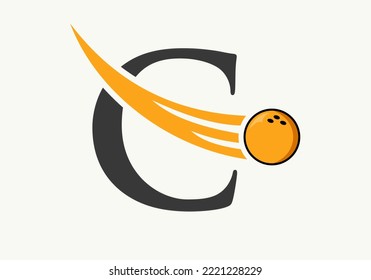 Letter C Bowling Logo. Bowling Ball Symbol With Moving Ball Vector Template