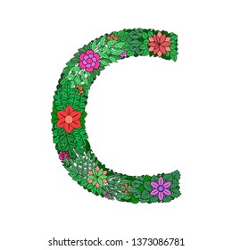 The letter C -  bright element of the colorful floral alphabet on a white background. Made from flowers, twigs and leaves. Floral spring ABC element in vector.