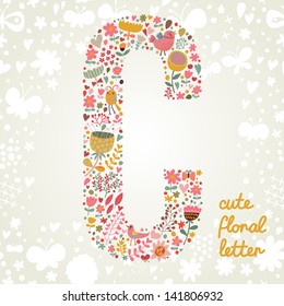 The letter C. Bright floral element of colorful alphabet made ??from birds, flowers, petals, hearts and twigs. Summer floral ABC element in vector