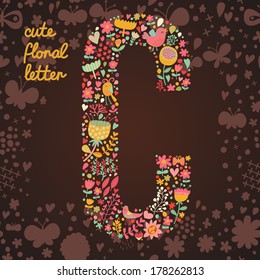 The letter C. Bright floral element of colorful alphabet made from birds, flowers, petals, hearts and twigs. Summer floral ABC element in vector