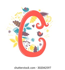The letter C. Bright floral element of colorful alphabet with flowers and birds. Vector illustration.
