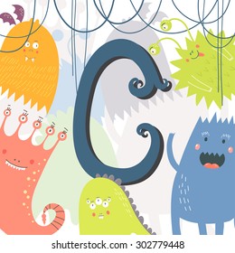 The letter C. Bright illustration with cute cartoon monsters. Vector illustration.