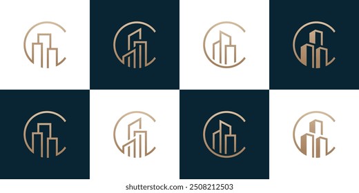 Letra C edifício ícone de logotipo monograma design.

