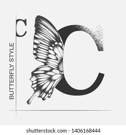 Letter C with butterfly silhouette. Monarch wing butterfly logo template isolated on white background. Calligraphic hand drawn lettering design. Alphabet concept. Monogram vector illustration. EPS 10