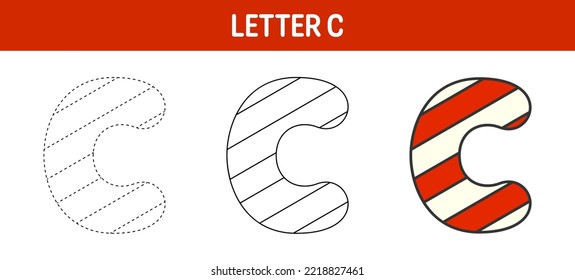 Letter C Candy Cane, tracing and coloring worksheet for kids