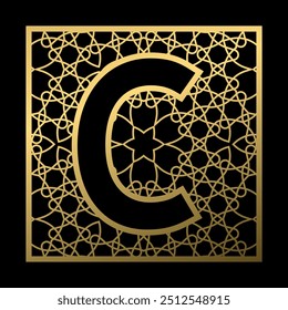 Letter C is carved in vintage patterned square on black background. Golden monogram in vintage style.