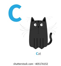 Letter C Cat black English abc with animals. Zoo alphabet. Education cards for kids Isolated White background Flat design  Vector illustration