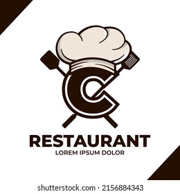 letra C Ilustración del diseño del logotipo de sombrero de chef, icono del logotipo de café restaurante aislado en fondo blanco