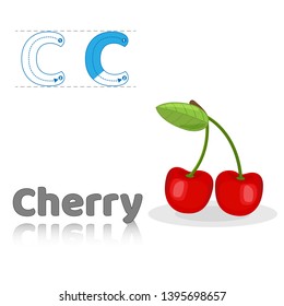 Letter C Cherry English Alphabet Tracing Coloring book page. Printable worksheet for kindergarten and preschool. Exercises for study English. Simple level of difficulty.
