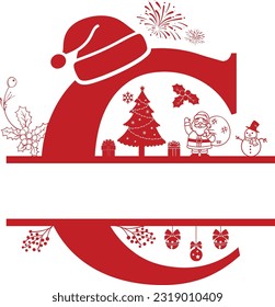 Letter C, Christmas Monogram, Letter C Silhouette with Christmas symbols, Christmas logo, Christmas Design for Print, Screen Print T-Shirt