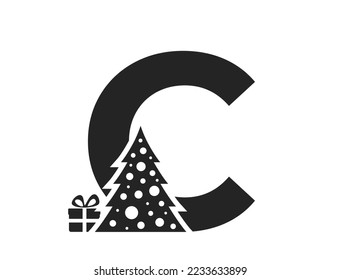 letra c con árbol de navidad y regalo. carta creativa inicial para navidad, año nuevo y diseño de vacaciones de invierno. imagen vectorial aislada