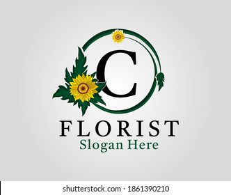 Letter C circle flourishes sunflower logo vector template.