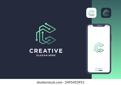 letter c with circuit shape logo design for business brand inspiration