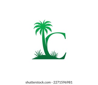 Letter C with coconut and palm tree  logo design. Summer and beach tree unique vector illustration.