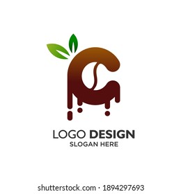 Letra C con diseño de logo para café y bebida con café y hoja