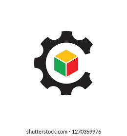 letter c cog machine box design logo vector
