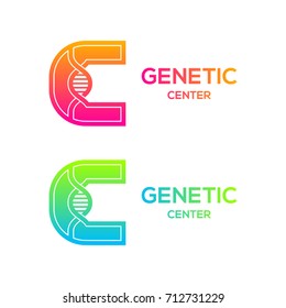 Letter C colorful with DNA structure and genetic biotechnology concept logotype. Helix molecules and chromosomes, Medicine, science, laboratory, Technology