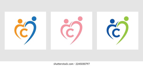 Letter C Community Logo Template. Teamwork, Heart, People, Family Care, Love Logo. Charity Donation Foundation Sign