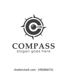 letter C compass logo design for adventure direction the explorer with magnifying glass symbol