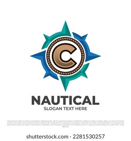 Letra C con el concepto de ilustración del logo de la brújula, estilo moderno colorido aislado en fondo blanco