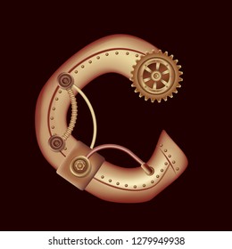 Letter C from the complete set of characters of the font. Symbol of the Latin alphabet and English language. Copper and brass fantasy mechanical steampunk construction with tubes, gears and rivets.