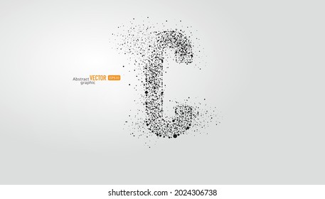 The letter c is composed of particles on gray background. Abstract vector font material.