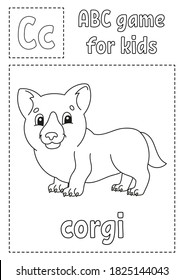 Letter C is for corgi. ABC game for kids. Alphabet coloring page. Cartoon character. Word and letter. Vector illustration.