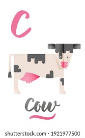 Letter C is for Cow. ABC Illustrations with Associated Picture. Cute Animal with Tongue. Modern Flat Vector Illustration Template.