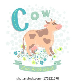 Letter C - Cow. Alphabet with cute animals. Vector illustration.