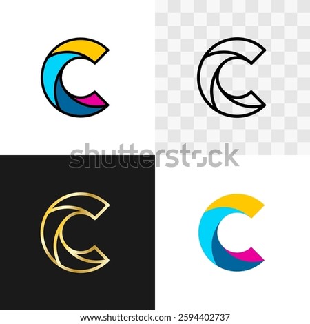 Letter C creative colorful twist shape logo. Four curved vibrant color elements together as letter C elegant symbol. Flat colors filled, outline and golden style variations. Editable stroke.