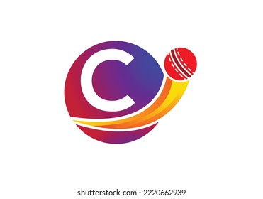Buchstabe C-Cricket-Logo-Konzept mit beweglichem Cricket-Ball-Symbol. Cricket Sports Logotype Symbol Vector Template Design.