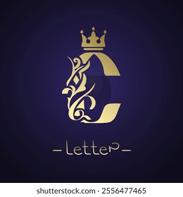 Letter C with crown and intricate floral elements. Artistic creativity logo design. Graceful gold royal style against a deep dark background. Perfect for branding, business card. Vector illustration