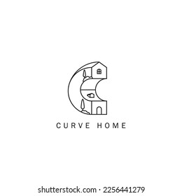 Letter C curve home with unique house elements isometric outline design concept