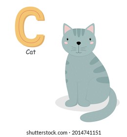 Letter C and a cute cartoon cat. Children's English alphabet. It is suitable for the design of postcards, books, leaflets, banners, birthday invitations. Colorful vector illustration
