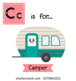 Letter C cute children colorful transportations ABC alphabet tracing flashcard of Camper for kids learning English vocabulary Vector Illustration.