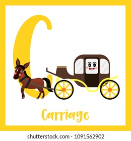 Letter C cute children colorful transportations ABC alphabet flashcard of Carriage with horse for kids learning English vocabulary Vector Illustration.