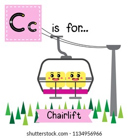 Letter C cute children colorful transportations ABC alphabet tracing flashcard of Chairlift for kids learning English vocabulary Vector Illustration.